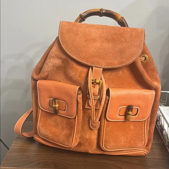 Gucci | Bags | Gucci Orange Suede Backpack With Bamboo  display picture 1